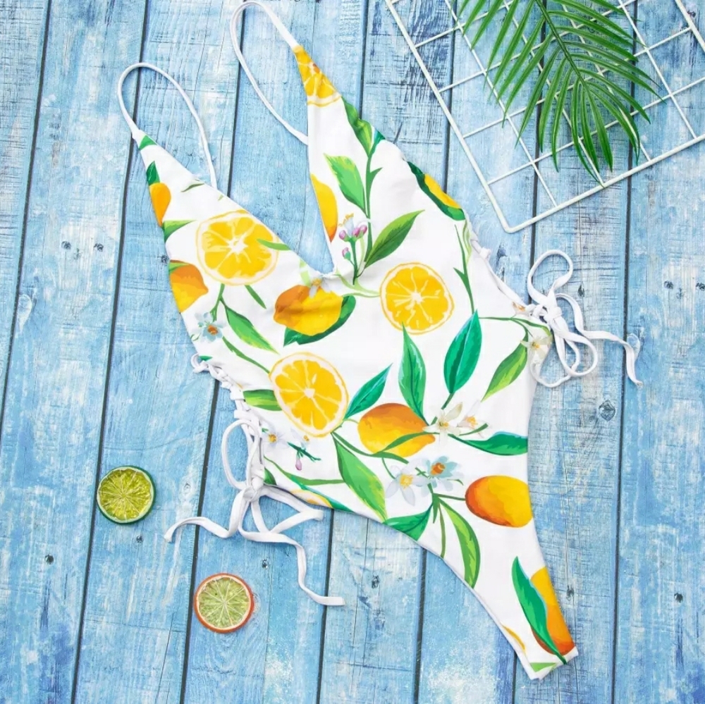 Lemon π Print Side Lace Thong Back One-piece Swim - Picture 4 of 8
